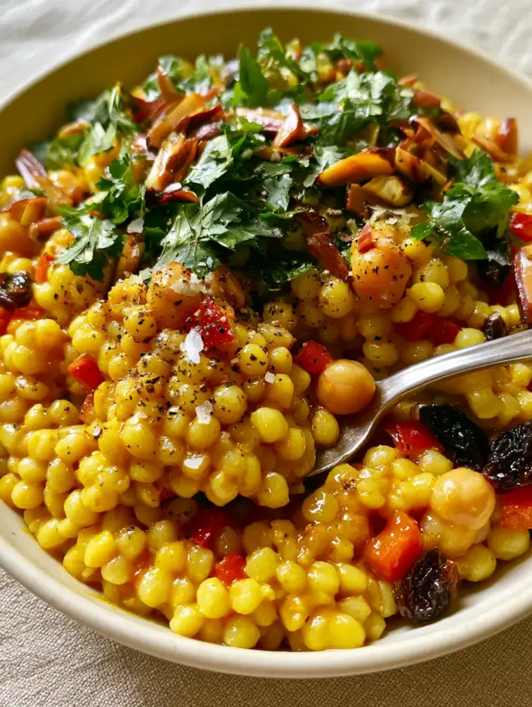 Curried Couscous Salad with Golden Turmeric and Honey Dressing 1 Eye-level shot of a curried couscous salad bowl showing toasted almonds and torn cilantro garnishes.