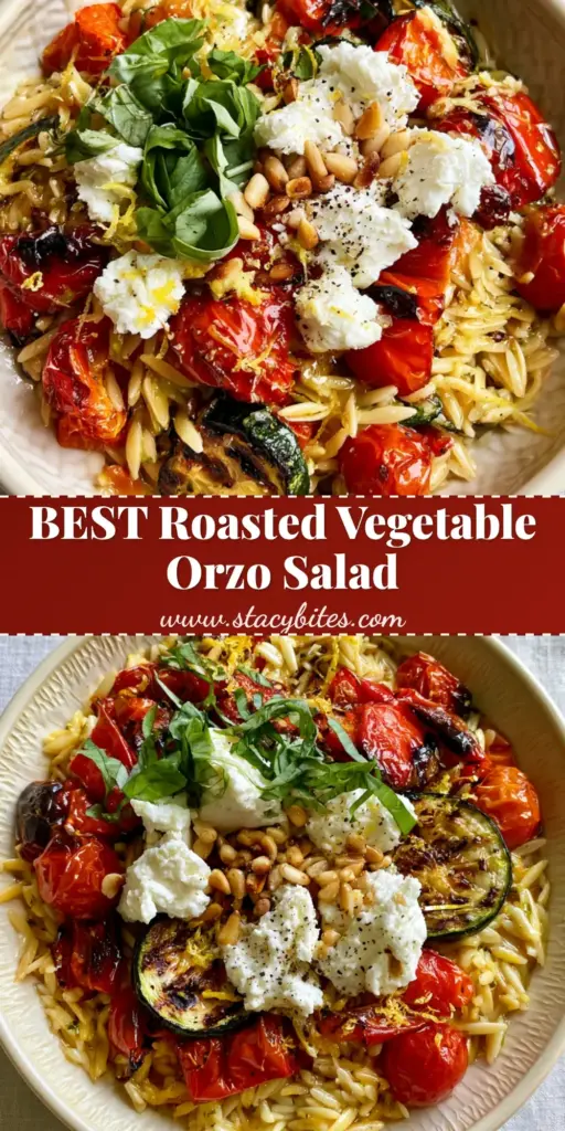 Roasted Vegetable Orzo with Blistered Tomatoes and Creamy Feta 4 A top-down view of a textured cream bowl filled with roasted vegetable orzo salad, featuring charred zucchini, blistered tomatoes, and large feta crumbles. (roasted vegetable orzo)