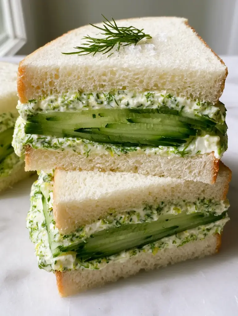 Cucumber Sandwiches Recipe: The Ultimate Guide to Elegant English Tea Sandwiches 2 Close up of crustless white pullman bread sandwiches with visible layers of dill cream cheese and translucent cucumbers. (cucumber sandwiches recipe)