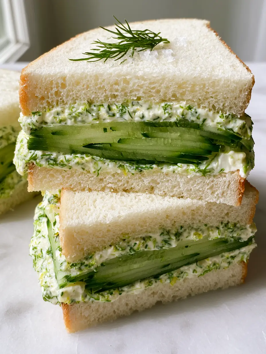 Cucumber Sandwiches Recipe: The Ultimate Guide to Elegant English Tea Sandwiches 3 Close up of crustless white pullman bread sandwiches with visible layers of dill cream cheese and translucent cucumbers. (cucumber sandwiches recipe)