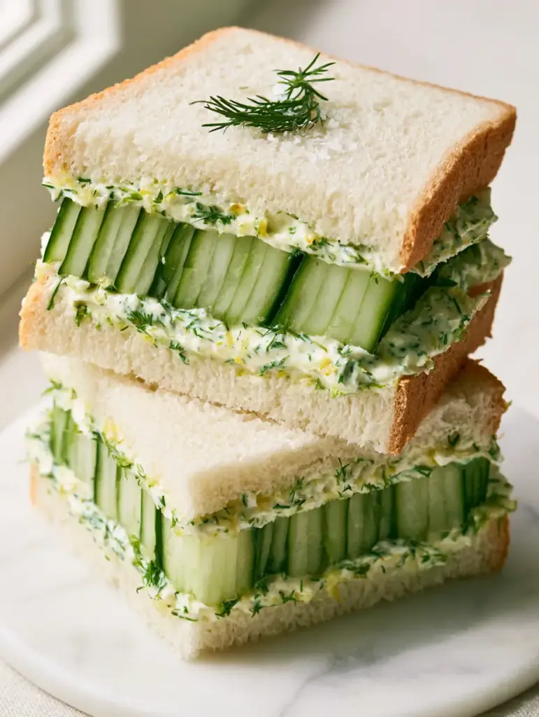 Cucumber Sandwiches Recipe: The Ultimate Guide to Elegant English Tea Sandwiches 1 High-angle shot of cucumber sandwiches showing the crisp, dry texture of the cucumbers.