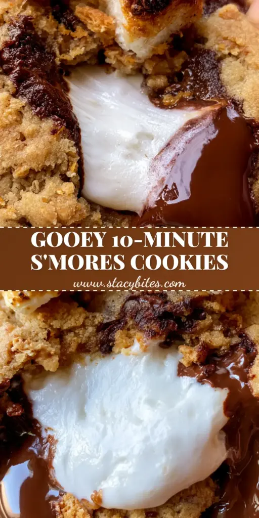 A close-up vertical shot of thick S’mores Cookies featuring charred mini marshmallows and a gooey center pull on a grey stone background.