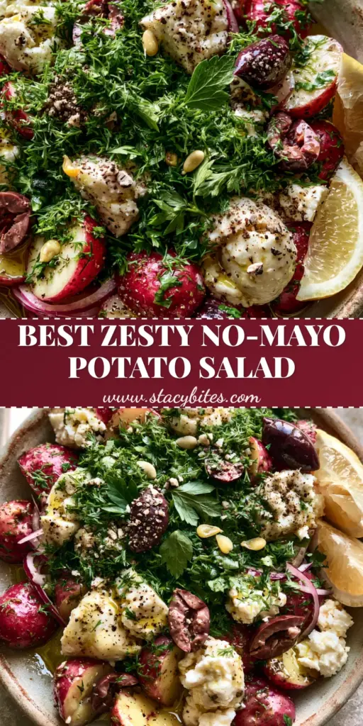 Greek Potato Salad with Zesty Lemon, Creamy Feta, and Fresh Herbs 3 A top-down shot of a rustic ceramic bowl filled with Greek Potato Salad featuring red potatoes, feta, olives, and plenty of fresh dill. (Greek Potato Salad)