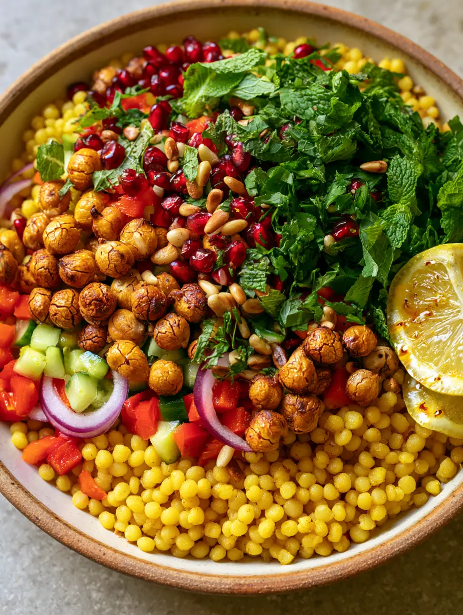 High-angle shot of Moroccan couscous salad featuring pomegranate arils and toasted pine nuts. (Moroccan couscous salad)