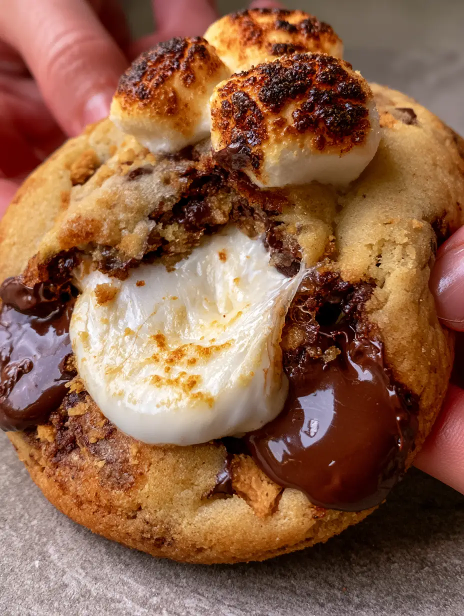 An extreme close-up of a hand pulling apart a thick S’mores Cookie to reveal a massive gooey white marshmallow center and chocolate puddles.