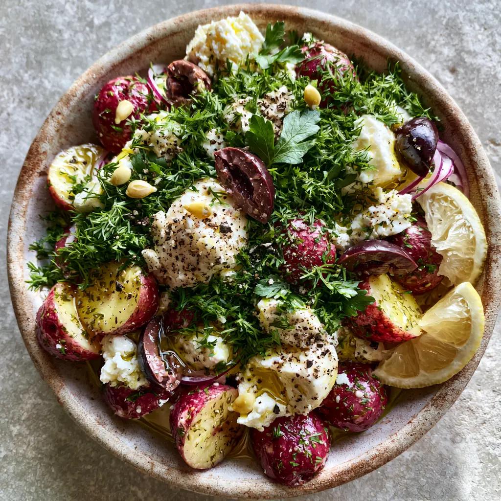 Greek Potato Salad with Zesty Lemon, Creamy Feta, and Fresh Herbs 2 Close up of glistening baby red potatoes in a lemon-herb dressing with crumbles of white feta. (Greek Potato Salad)