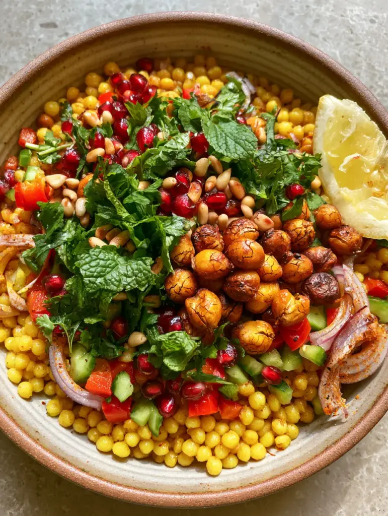 Detailed view of the turmeric-tinted pearl couscous and cracked crispy chickpeas. (Moroccan couscous salad)