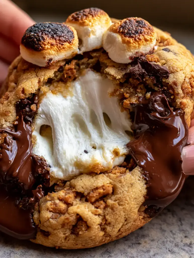 Close-up of S’mores Cookies showing the buttery graham cracker crust base and melted semi-sweet chocolate chunks.