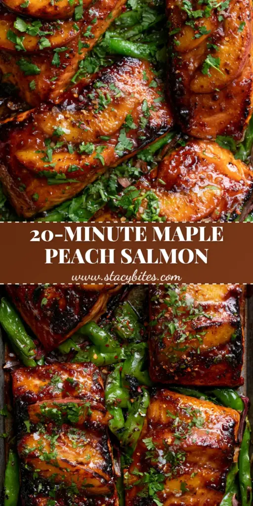 Top-down view of a sheet pan with four Maple Peach Glazed Salmon fillets, roasted peach wedges, and blistered snap peas.