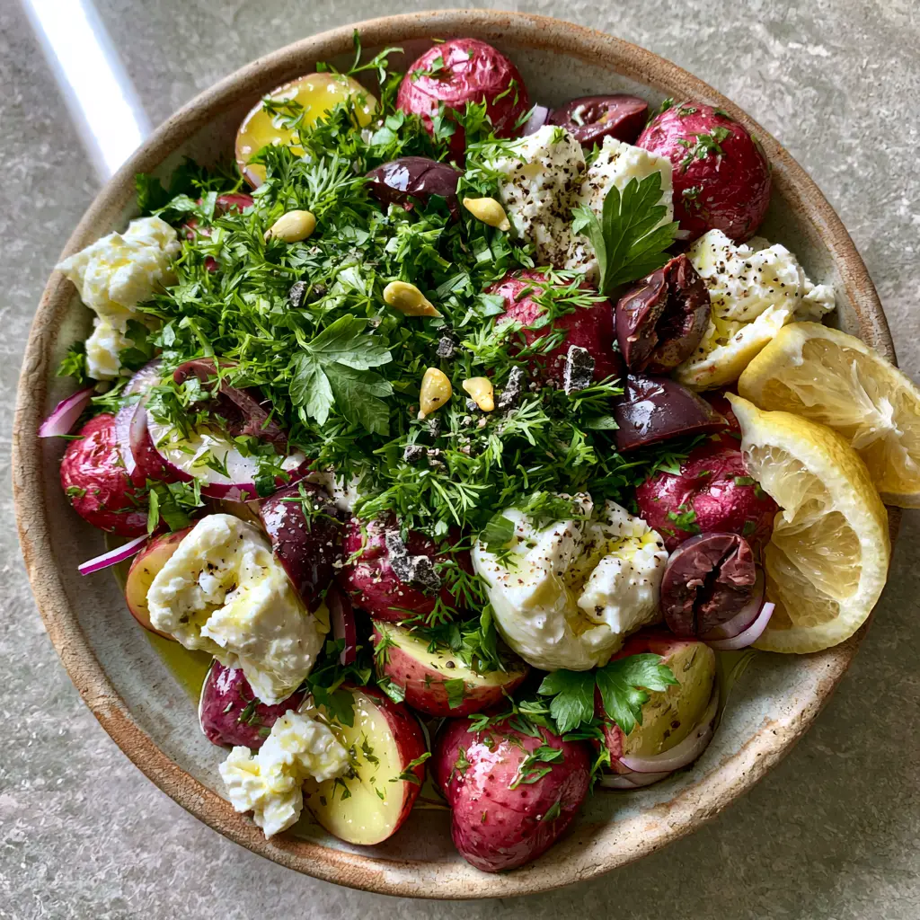 Greek Potato Salad with Zesty Lemon, Creamy Feta, and Fresh Herbs 1 Greek Potato Salad with razor-thin red onions and a dense shower of fresh dill and parsley.