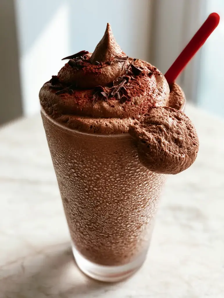 Wendy's Frosty Slushie recipe: The Ultimate 3-Ingredient Copycat Guide 1 Top view of a Wendy's Frosty Slushie recipe showing cocoa powder dusting and dark chocolate curls.