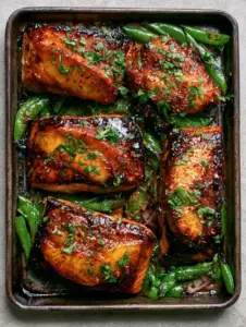 Close-up of bubbly amber maple-peach glaze on thick Atlantic salmon fillets with charred peach edges. (Maple Peach Glazed Salmon)