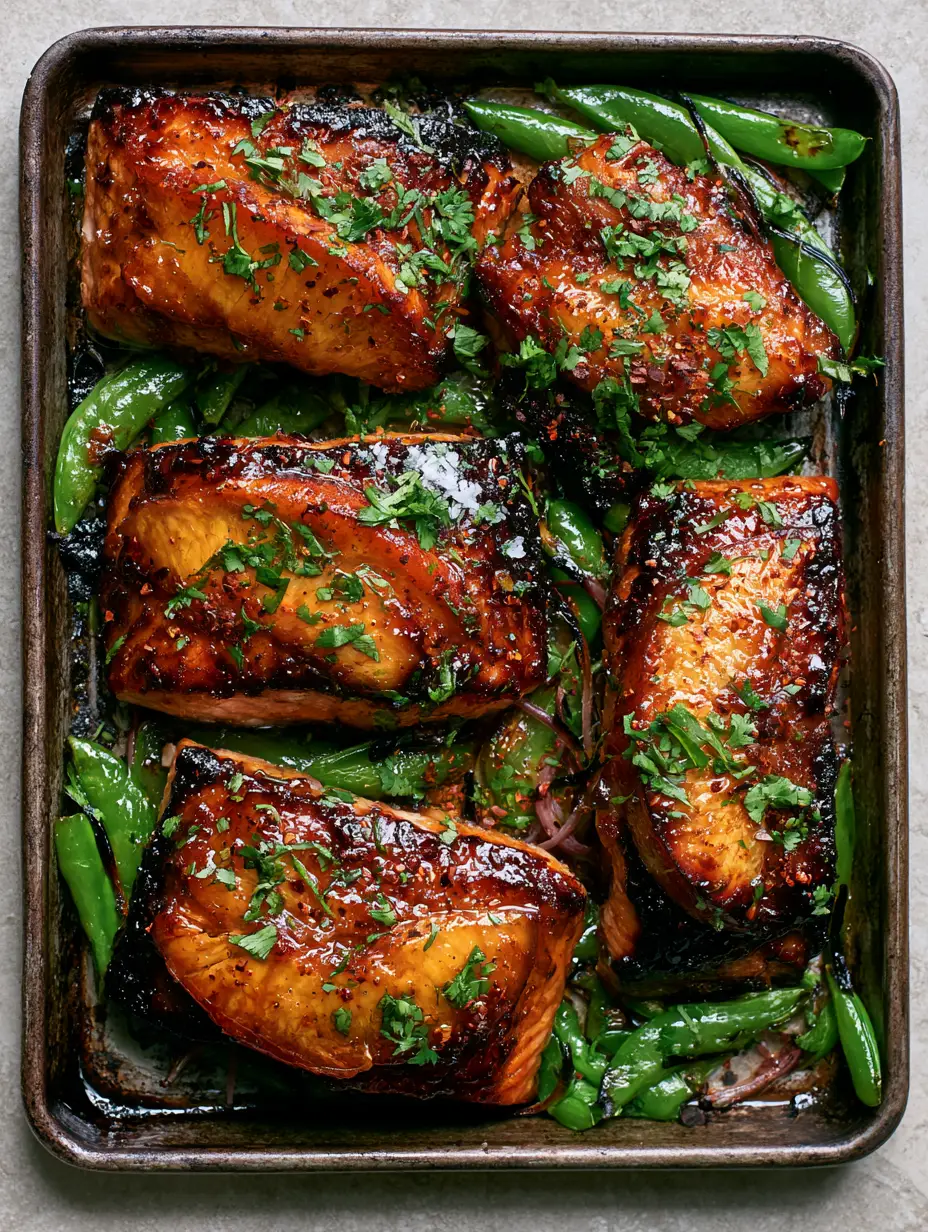 Close-up of bubbly amber maple-peach glaze on thick Atlantic salmon fillets with charred peach edges. (Maple Peach Glazed Salmon)