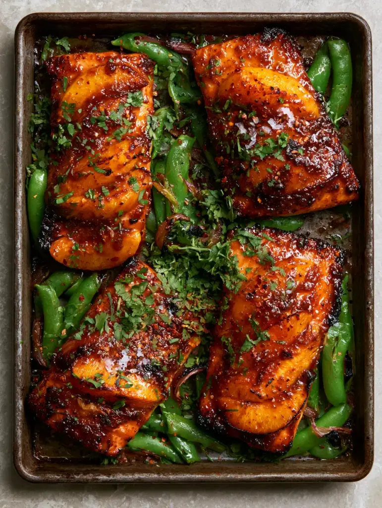 Handheld smartphone photo of rustic dark metal sheet pan featuring Maple Peach Glazed Salmon, blistered snap peas, and charred red onions.