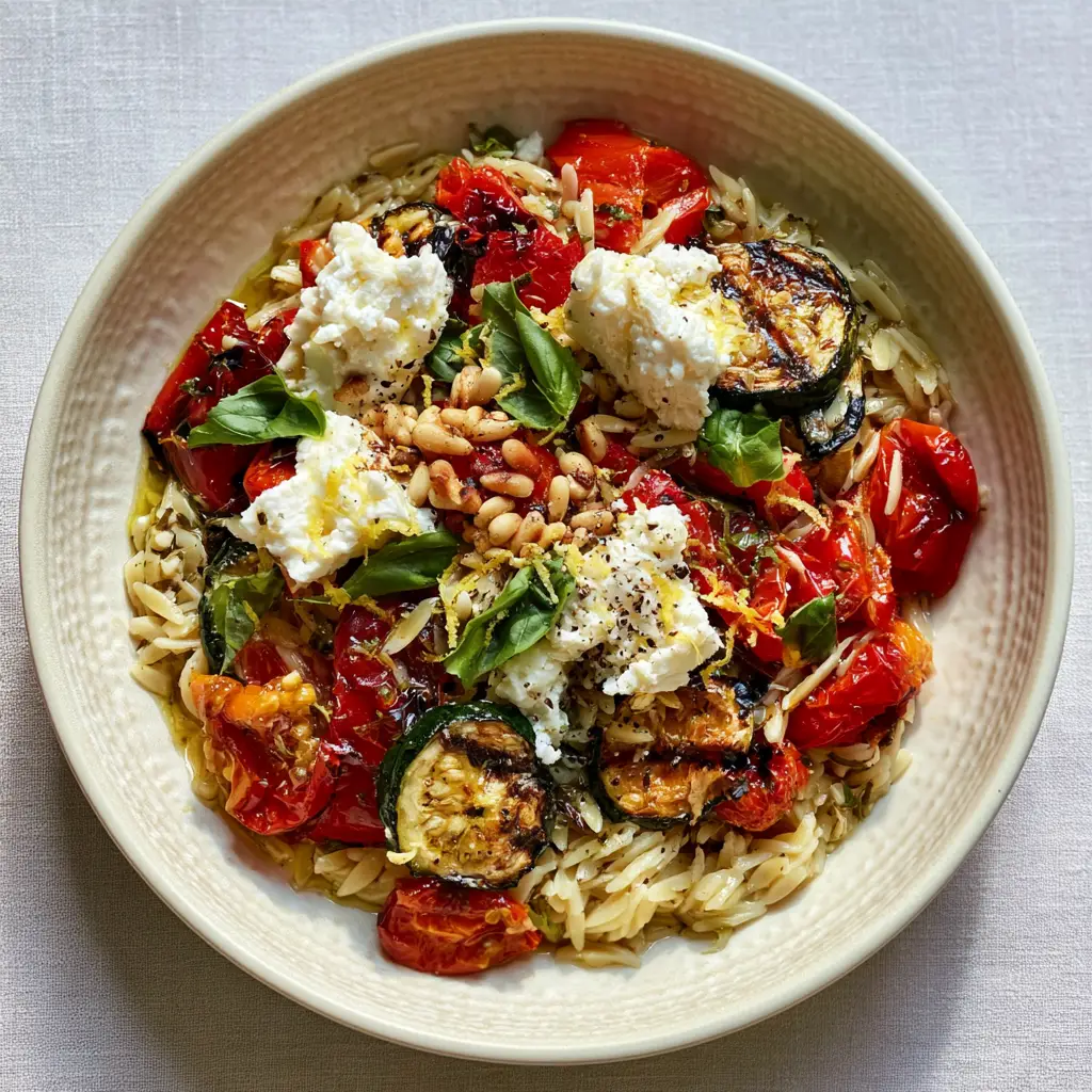 Roasted Vegetable Orzo with Blistered Tomatoes and Creamy Feta 1 A handheld smartphone photo of roasted vegetable orzo in a cream bowl on a grey linen background.