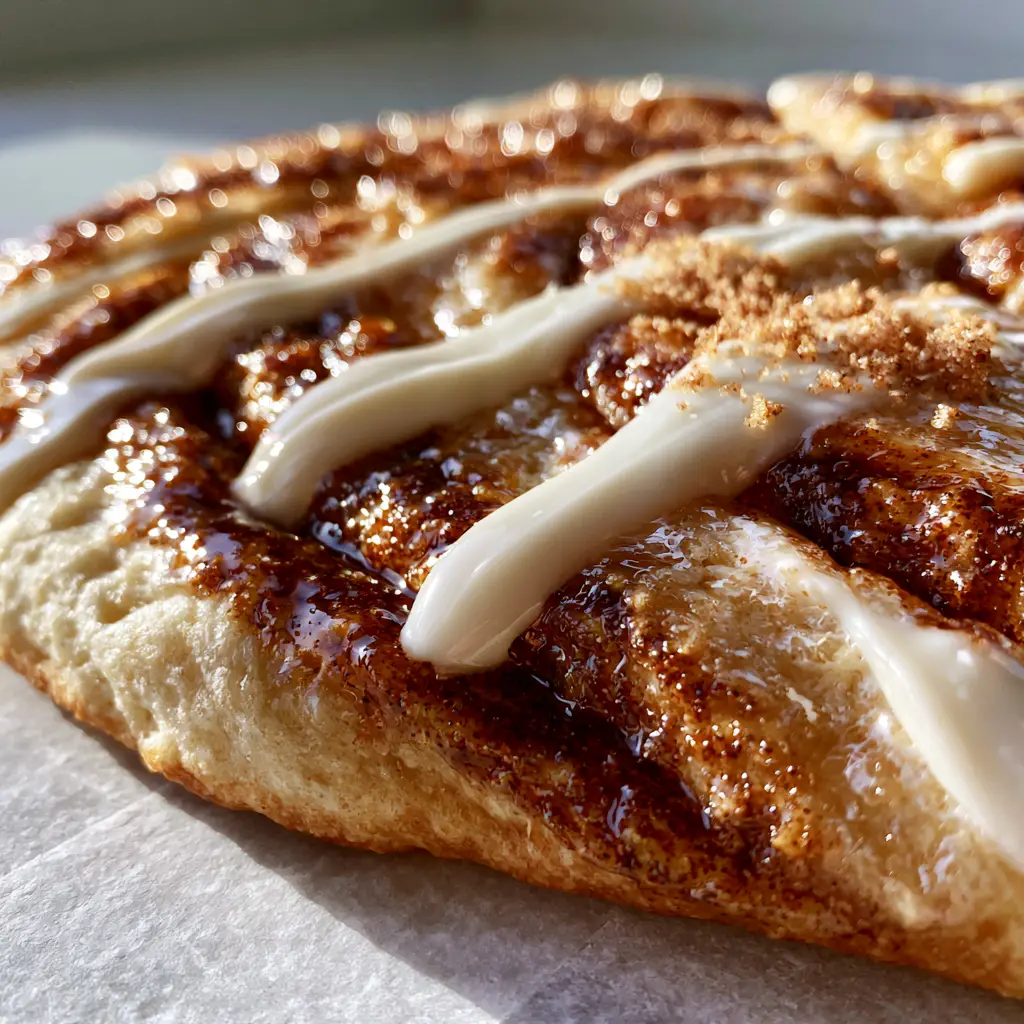 Sweet Cinnamon Swirl Pizza: The Ultimate Gooey Dessert Pizza Recipe 2 Extreme close-up of a Sweet Cinnamon Swirl Pizza highlighting the glistening dark brown sugar glaze and thick white cream cheese icing lines.