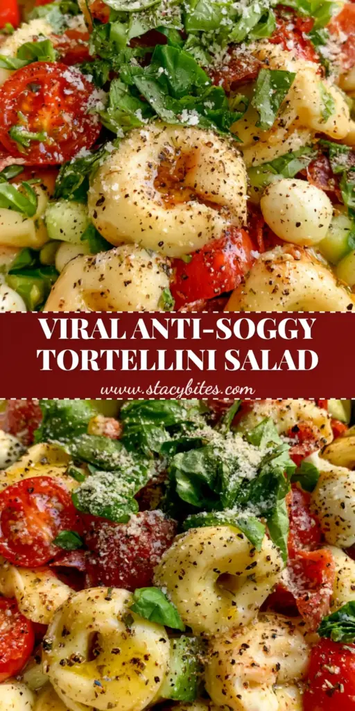 A top-down view of a vibrant cheese tortellini salad in a rustic white bowl with salami ribbons and basil. (tortellini salad)