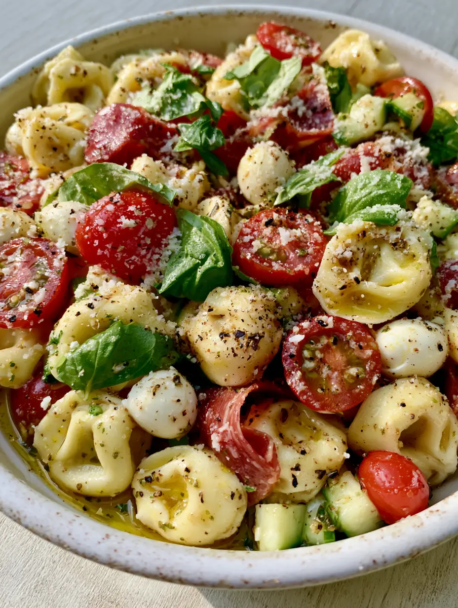 Macro photo of cheese tortellini salad showing the glossy herb vinaigrette and fresh tomatoes. (tortellini salad)