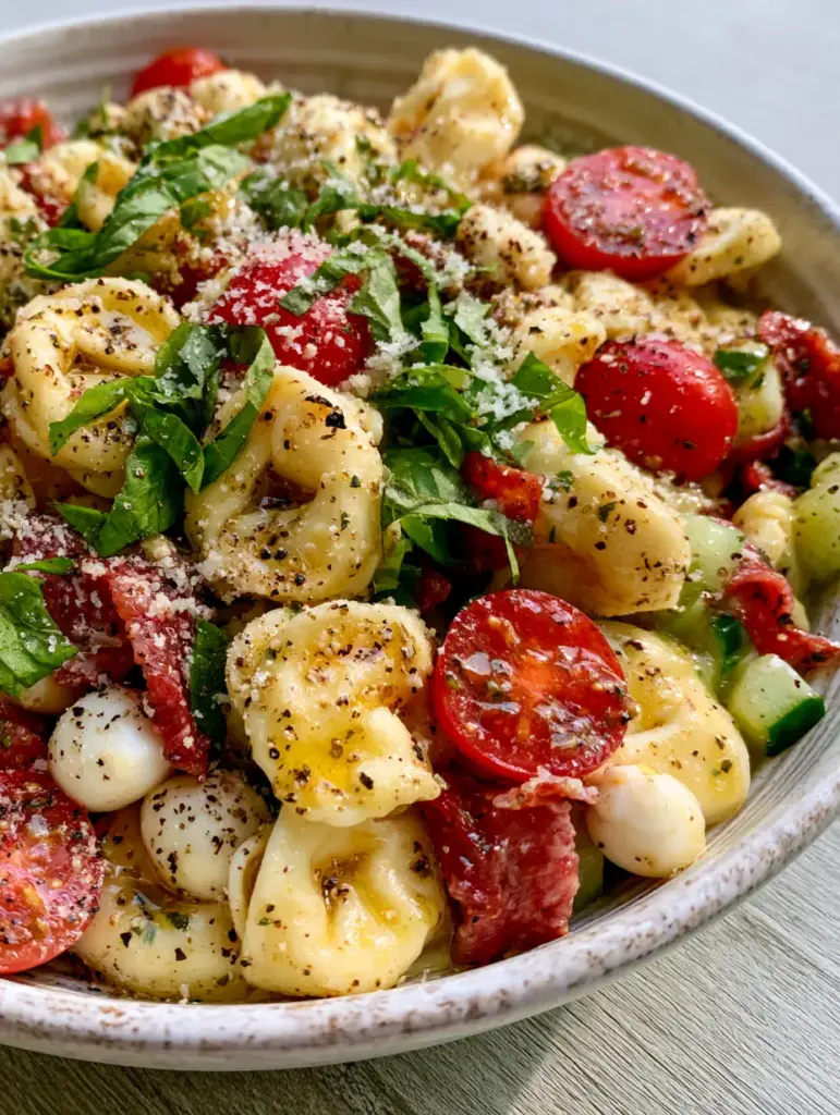 Close-up of mini mozzarella pearls and salami ribbons in a tortellini salad bowl.