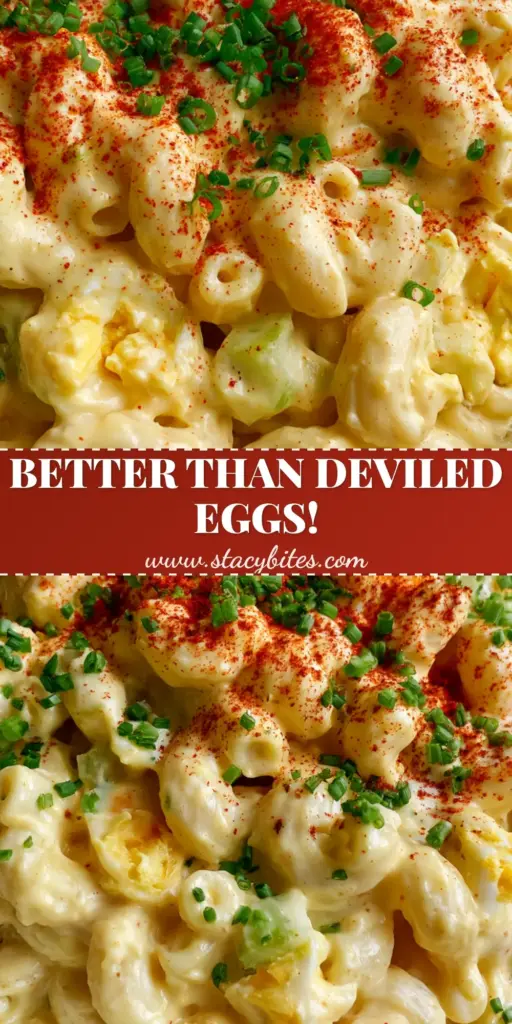 A close-up of a white ceramic bowl filled with stuffed egg pasta salad garnished with vibrant smoked paprika and fresh chives.