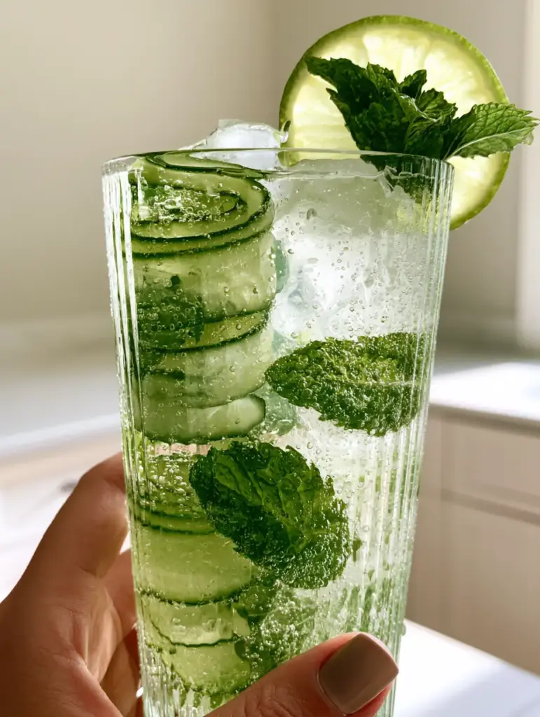 Close up handheld smartphone photo of a tall ribbed glass filled with bubbly Cucumber Punch and spiraled cucumber ribbons. (Cucumber Punch)