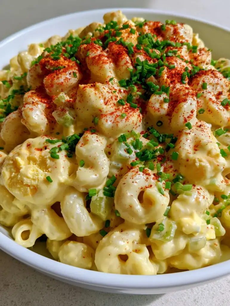 Top-down view of a creamy deviled egg macaroni salad in a minimalist white bowl on a stone countertop.