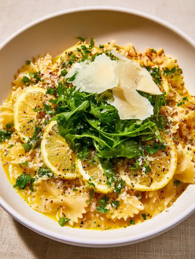 Lemon Dijon Pasta Salad with Shaved Parmesan and Toasted Pine Nuts 1 Detailed view of emulsified lemon-dijon dressing on farfalle pasta with shaved parmesan and fresh lemon slices.