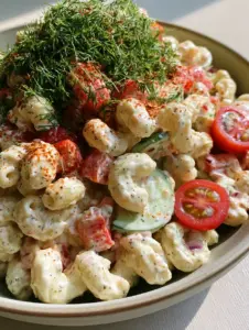 Close-up 45-degree angle of a healthy macaroni pasta salad showing ridged pasta and glossy Greek yogurt dressing.