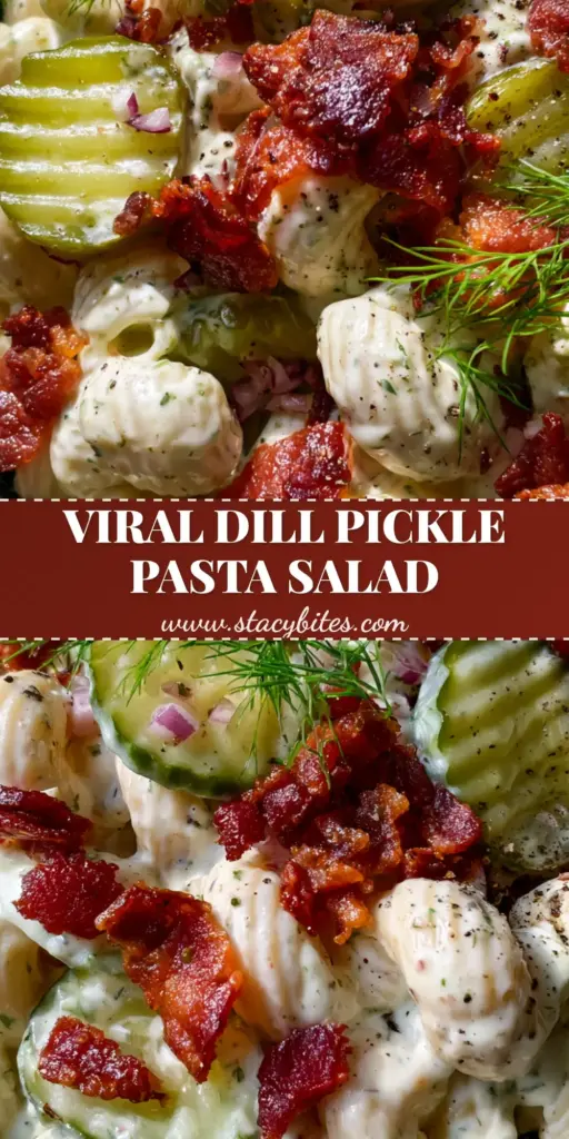 Dill Pickle Bacon Ranch Pasta Salad with Crispy Applewood Smoked Bacon 4 A top-down view of a dill pickle bacon ranch pasta salad in a charcoal bowl featuring ridged cavatappi and crispy applewood bacon.