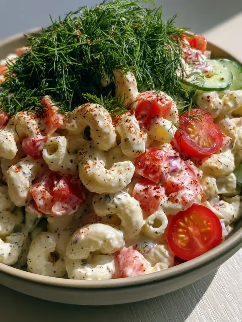 Healthy Macaroni Pasta Salad with Creamy Greek Yogurt Dressing 1 Healthy macaroni pasta salad featuring diced red bell peppers, Persian cucumbers, and halved cherry tomatoes.