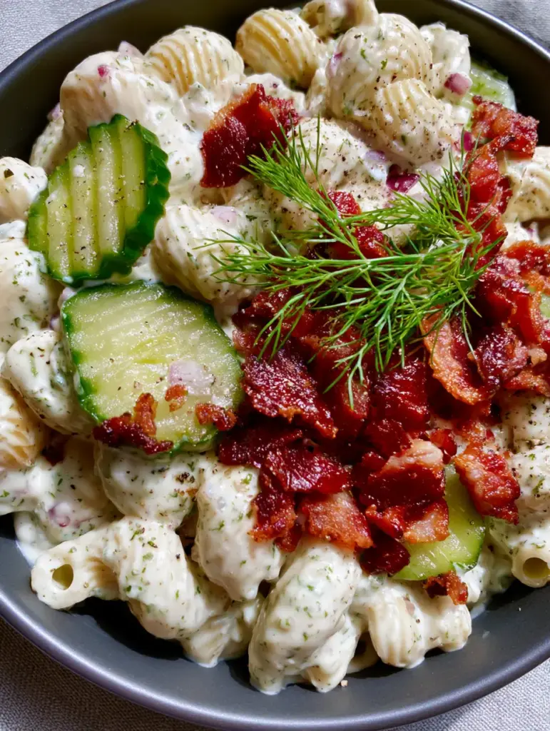 Dill Pickle Bacon Ranch Pasta Salad with Crispy Applewood Smoked Bacon 2 Close-up macro of ridged cavatappi coated in herb-speckled ranch dressing with crinkle-cut pickles. (dill pickle bacon ranch pasta salad)