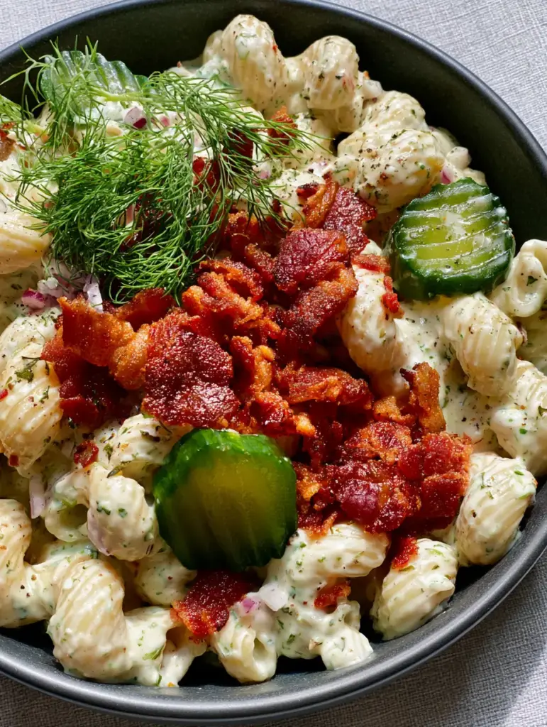 Dill Pickle Bacon Ranch Pasta Salad with Crispy Applewood Smoked Bacon 1 A luxurious pasta salad featuring glistening applewood bacon bits and airy fresh dill sprigs. (dill pickle bacon ranch pasta salad)