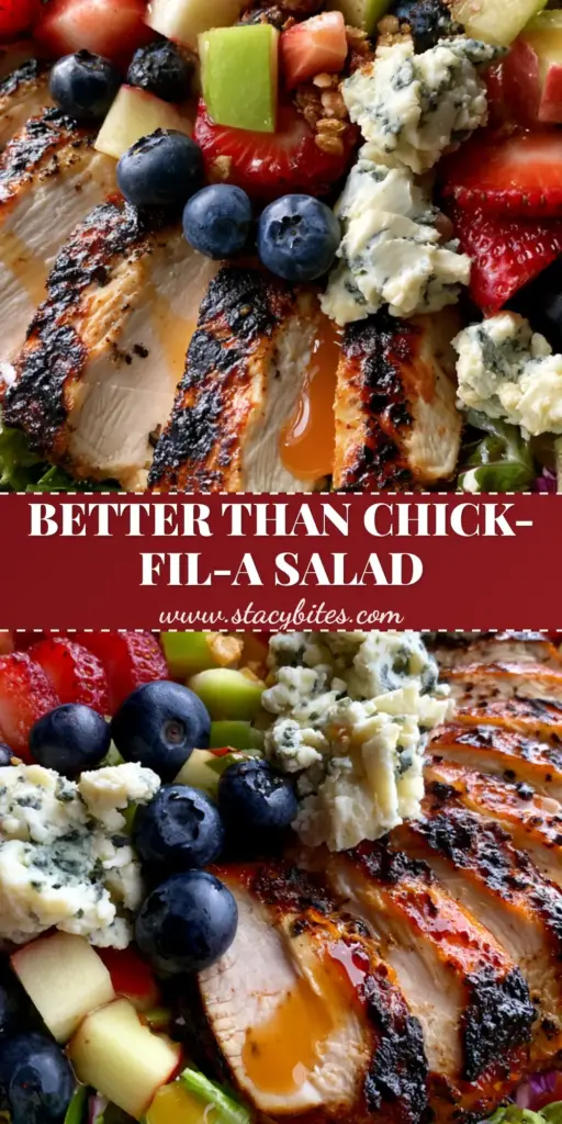 A top-down view of a Chick-fil-A Market Salad in a ceramic bowl with grilled chicken, berries, and blue cheese.