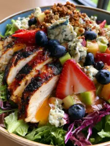 Macro shot of seared chicken and fresh berries in a Chick-fil-A Market Salad.