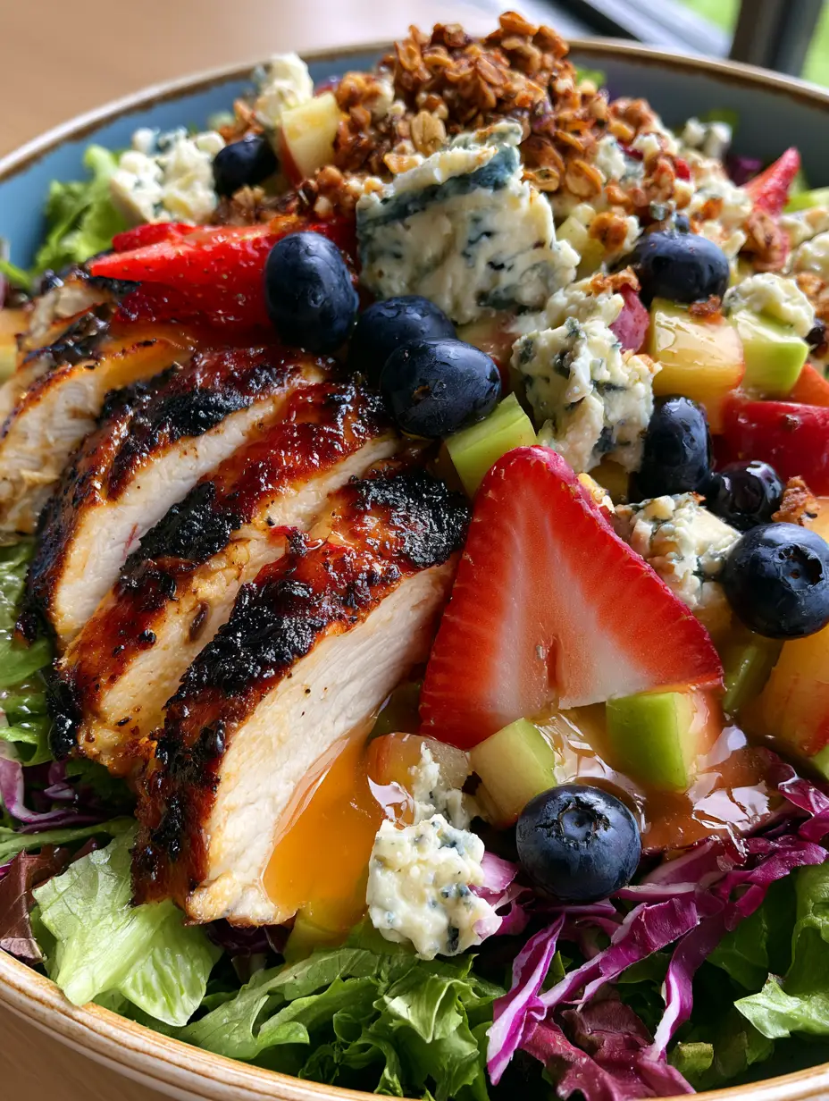 Macro shot of seared chicken and fresh berries in a Chick-fil-A Market Salad.