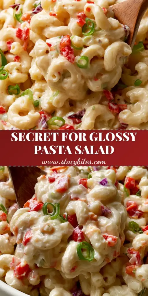 A close-up vertical shot of creamy pasta salad with coleslaw dressing, featuring red peppers and green onions, perfect for Pinterest.