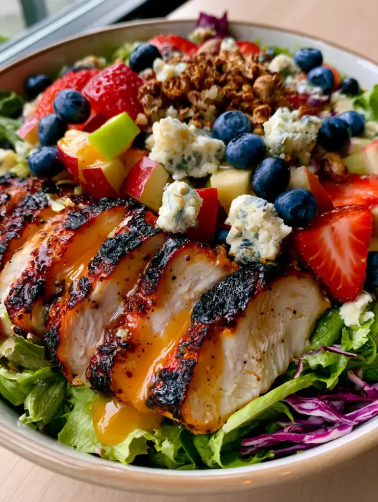 A vibrant Market Salad showing strawberries, blueberries, and blue cheese crumbles.