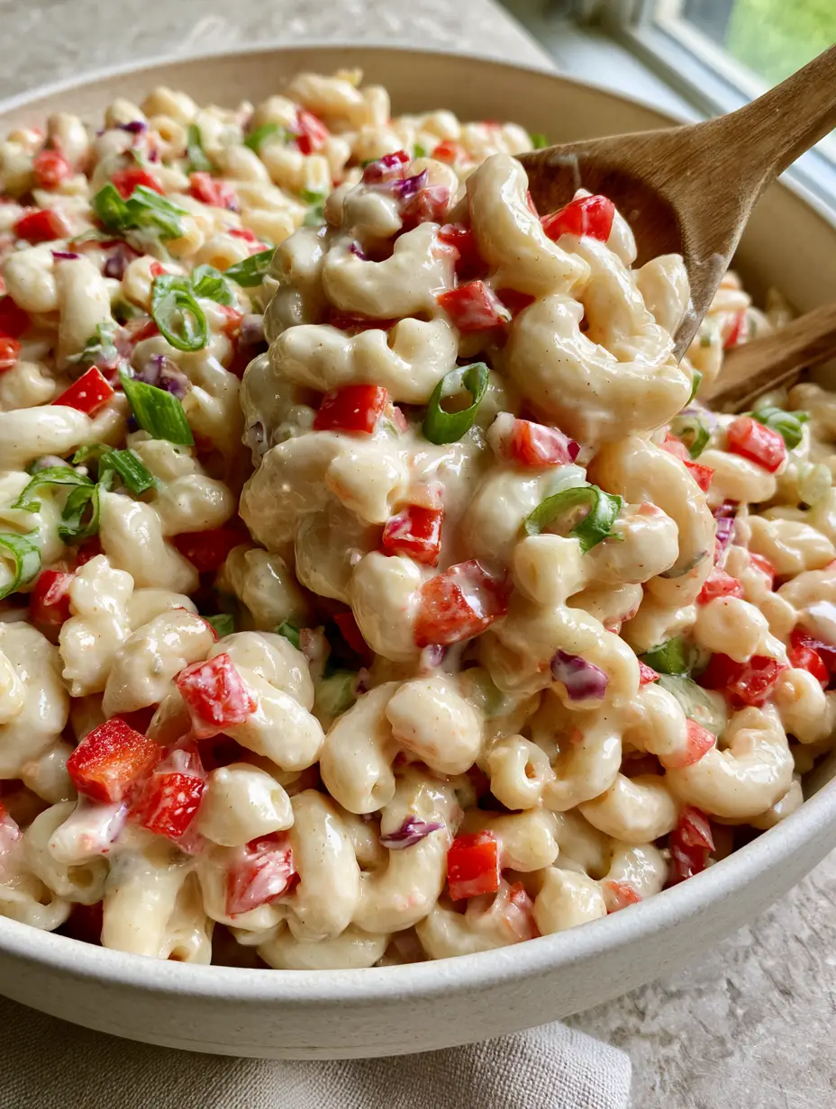 An ultra-appetizing hero shot of macaroni pasta salad with coleslaw dressing in a white bowl with a wooden spoon. (pasta salad with coleslaw dressing)