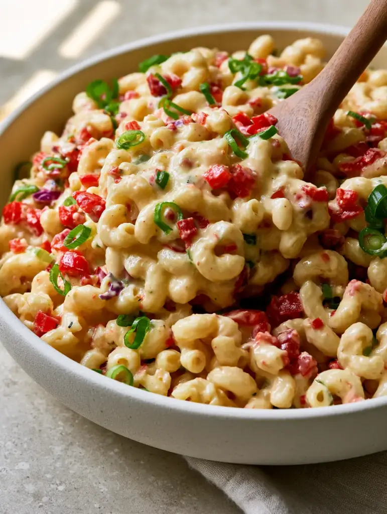 Close up of elbow macaroni coated in semi-translucent glossy coleslaw dressing with purple cabbage and red peppers.
