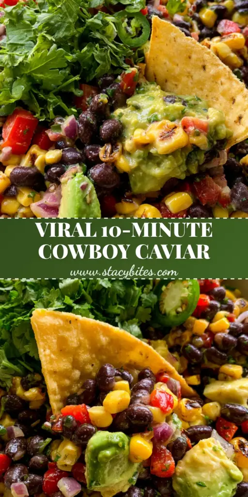 A top-down macro shot of a vibrant black bean corn salad featuring charred sweet corn, creamy avocado chunks, and glossy lime dressing in a white bowl with a tortilla chip scoop.