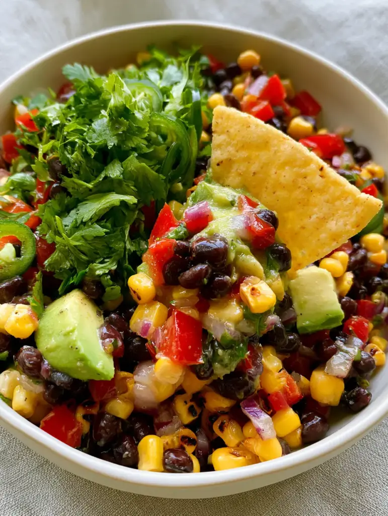 Glossy lime-cilantro dressing reflecting light on a fresh black bean corn salad with large avocado chunks and jalapeño rounds.