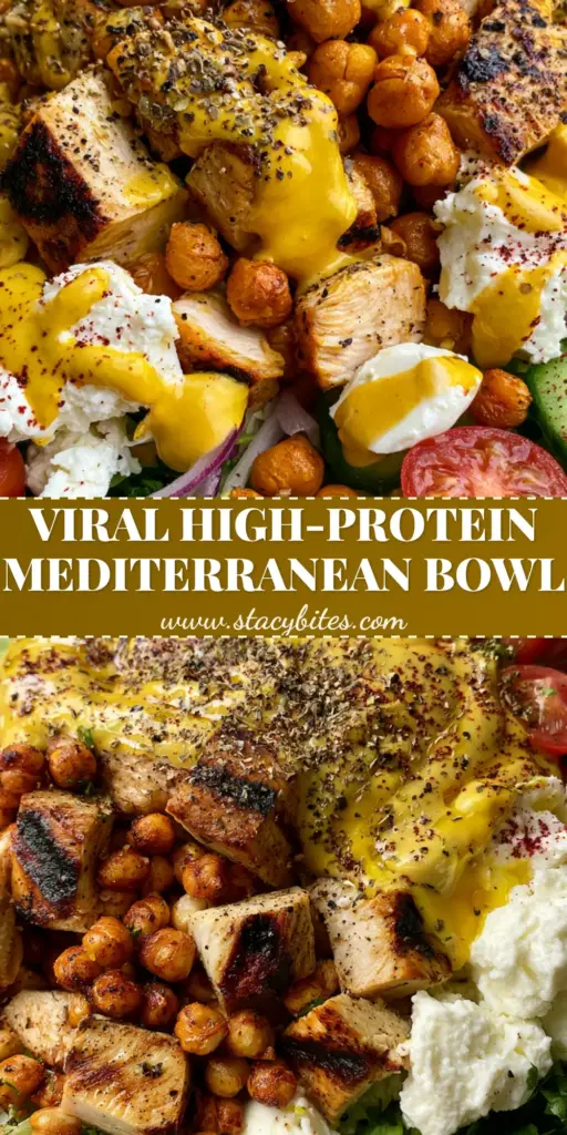 A vibrant Mediterranean chicken bowl with seared lemon-oregano chicken, roasted chickpeas, and tahini dressing. (Salad recipes)